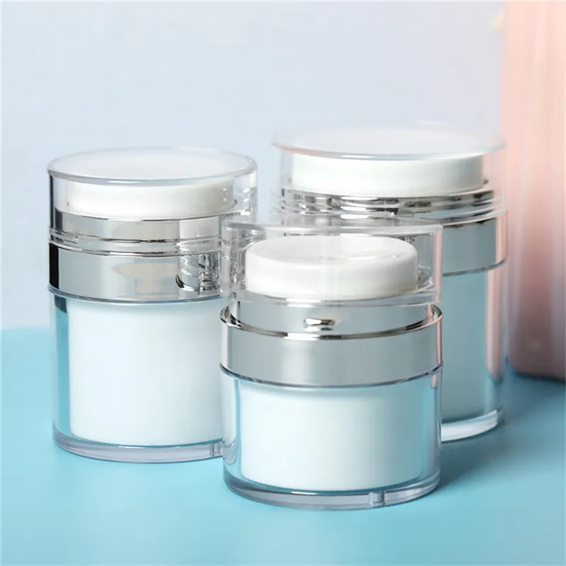 15 30 50 g ml flessen parel wit acryl airless ronde vacuüm lotion crème jar 0.5oz 1oz 1.7oz cosmetische pers lege pomp make-up container voor verpakking reizen