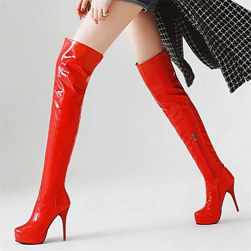 Mode Oberschenkel Hohe Stiefel Frauen Plattform Herbst Winter Über Knie Stiefel Sexy High Heels Rot Weiß Fetisch Schuhe Frau Plus größe 48 211021