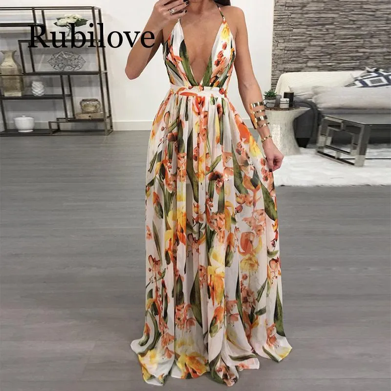 Dames Print Party Jurken Zomer Sexy Maxi Boho Stijl Diepe V-hals Backless Long Vestidos Casual Jurk