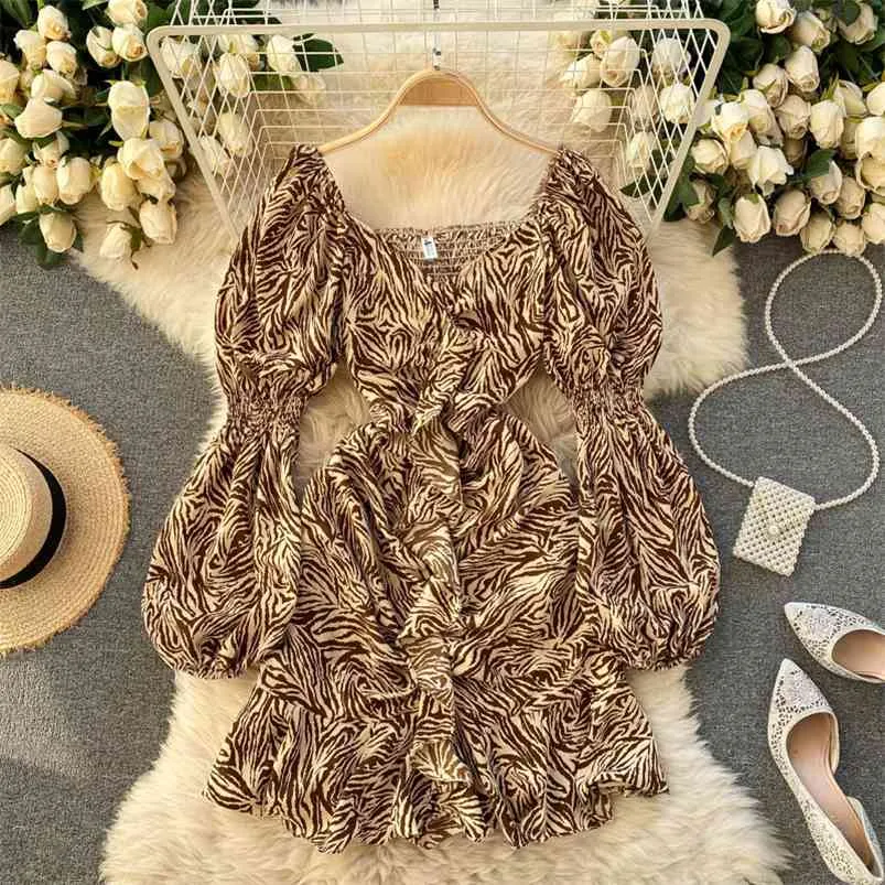 Moda Temperament Spring Vestidos Kobieta V-Neck Lampion Rękawy składa Slim i Cienka Kwiatowa Mini Dress C500 210507