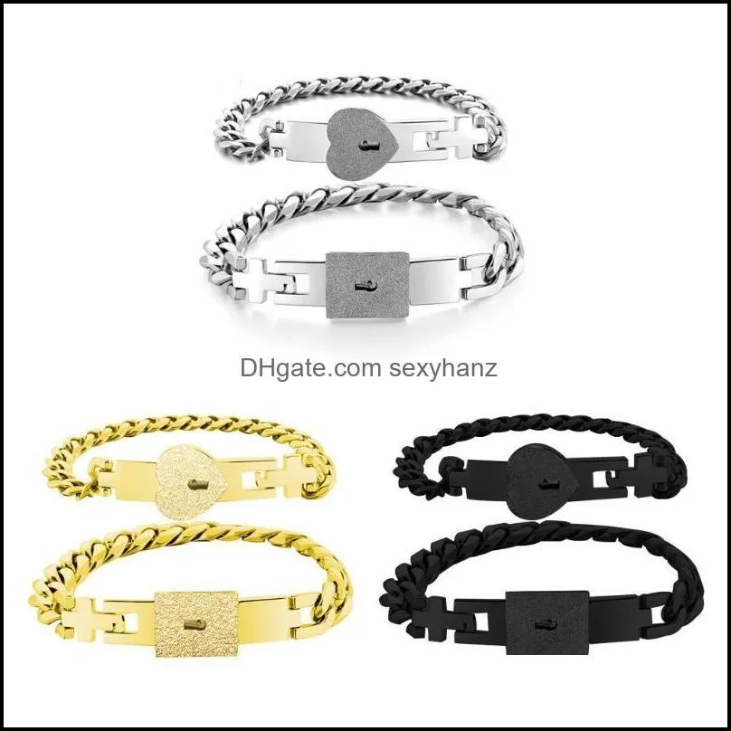2Pcs Stainless Steel Lover Heart Love Lock Key Bracelet Kit Couple Jewelry Sets 95AB Bangle