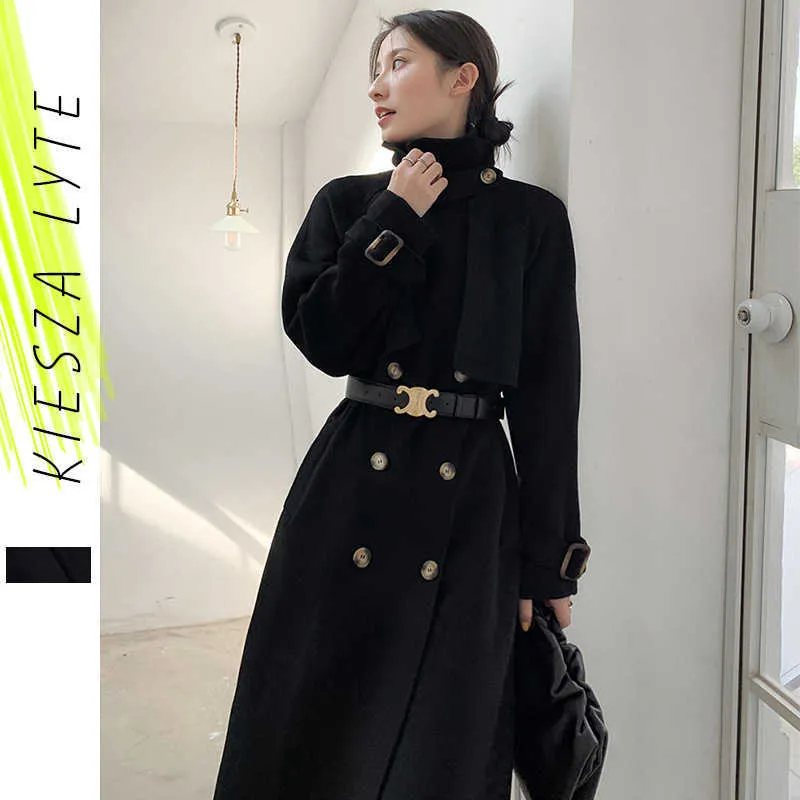 Vintage Black Wool Coat Women's Winter Office Lady Long Thick Woolen Coats Jacket Elegant Clothing Outwear 210608
