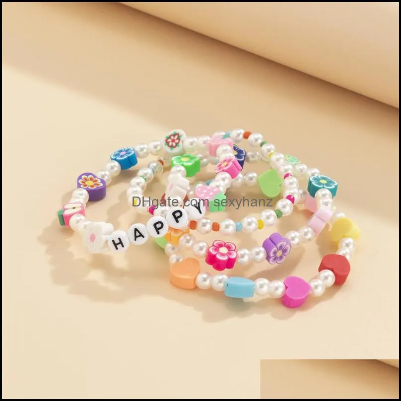 Yamog Fruit Flowers Heart Beaded Strands Bracelets Acrylic Happy Letter Imitation Pearl Beads Chains Women Multi Layer Colorful Elastic Hand