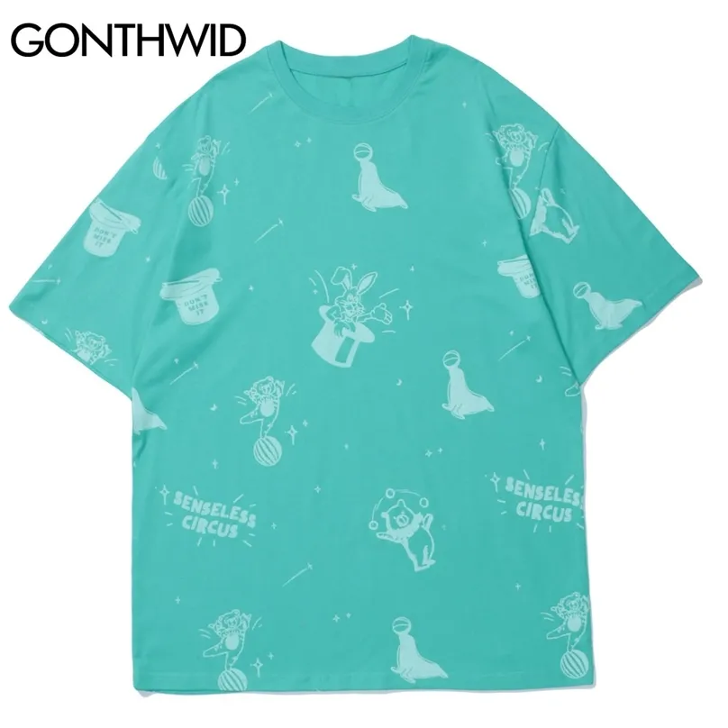 T-shirts Chemises Circus Bear Rabbit Dolphin Imprimer T-shirts Streetwear Hommes Harajuku Mode Casual Coton Tops à manches courtes 210602