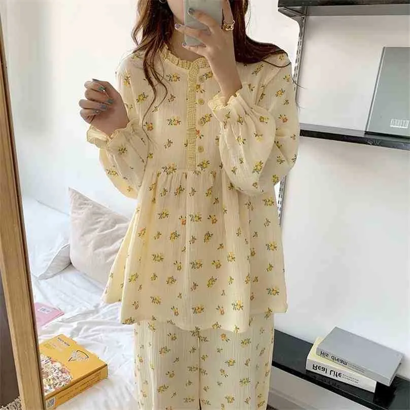 Söta ruffles tjejer tryckta floraler färg-hit koreanska mode plus sleepwear varm söta hem kläder pyjamas set 210525