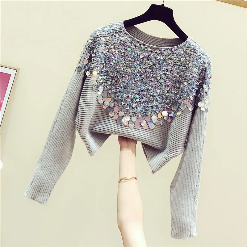 Spring Korean Style Sweater Woman Autumn Sequined Batwing-Sleeve Loose-Fit Round-Neck Pullover Sweter 210428