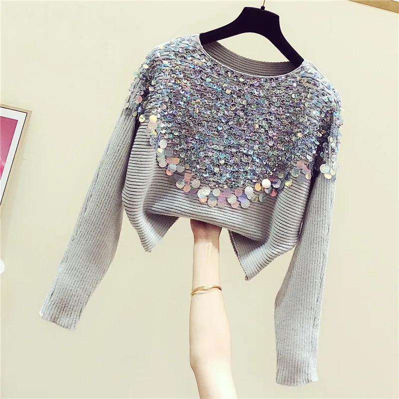 Vårkoreanska stiltröja Kvinna Höstens sequined Batwing-Sleeve Loose-Fit Round-Neck Pullover Sweter 210428