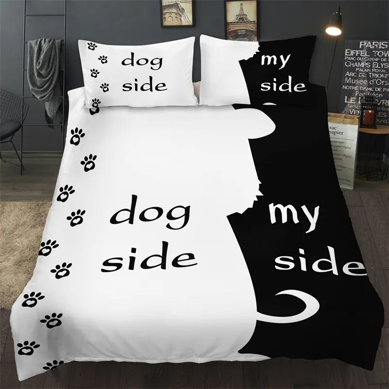 Bonenjoy Черно-белые цветные постельные принадлежности Комплект пары Собака Моя король Queen Onow Двухместный Двухместный Полный Размер 210716