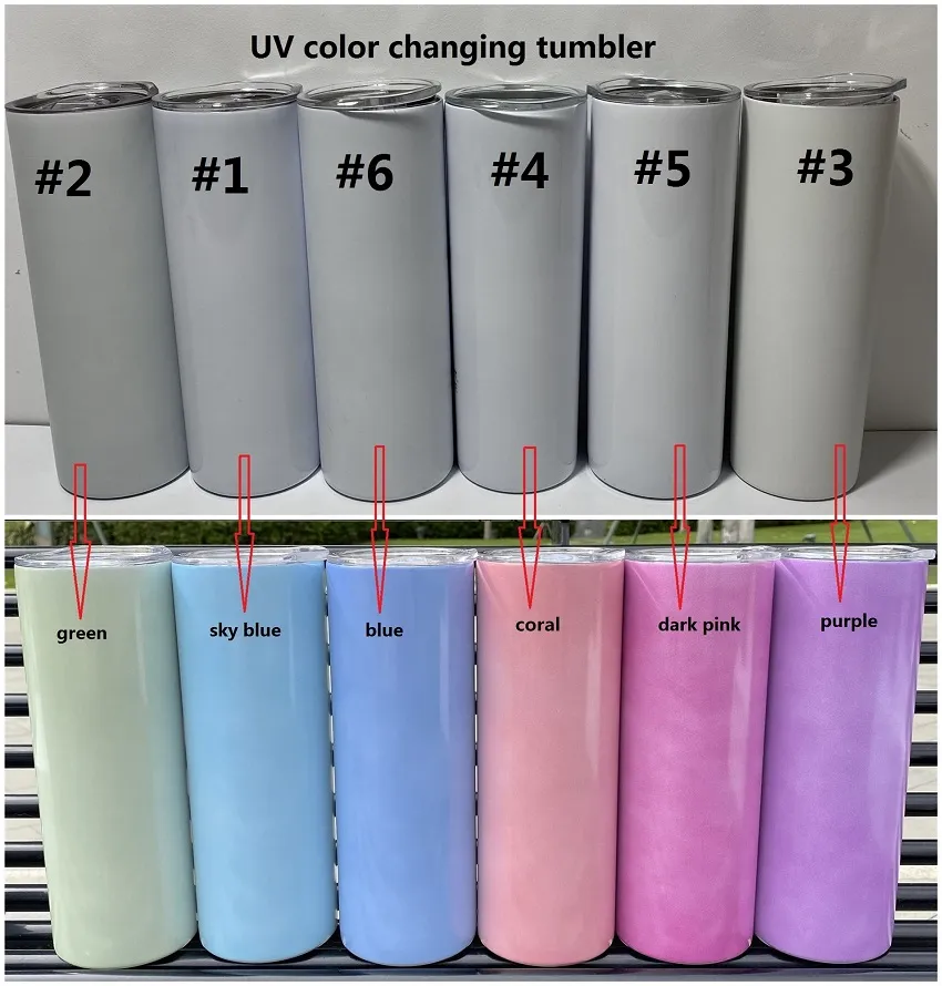 Color UV Mudando Tumbler 20oz Sublimação Tumbler Sun Light Sensing Aço Inoxidável Tumbler Skinny Straight com tampa e canudos