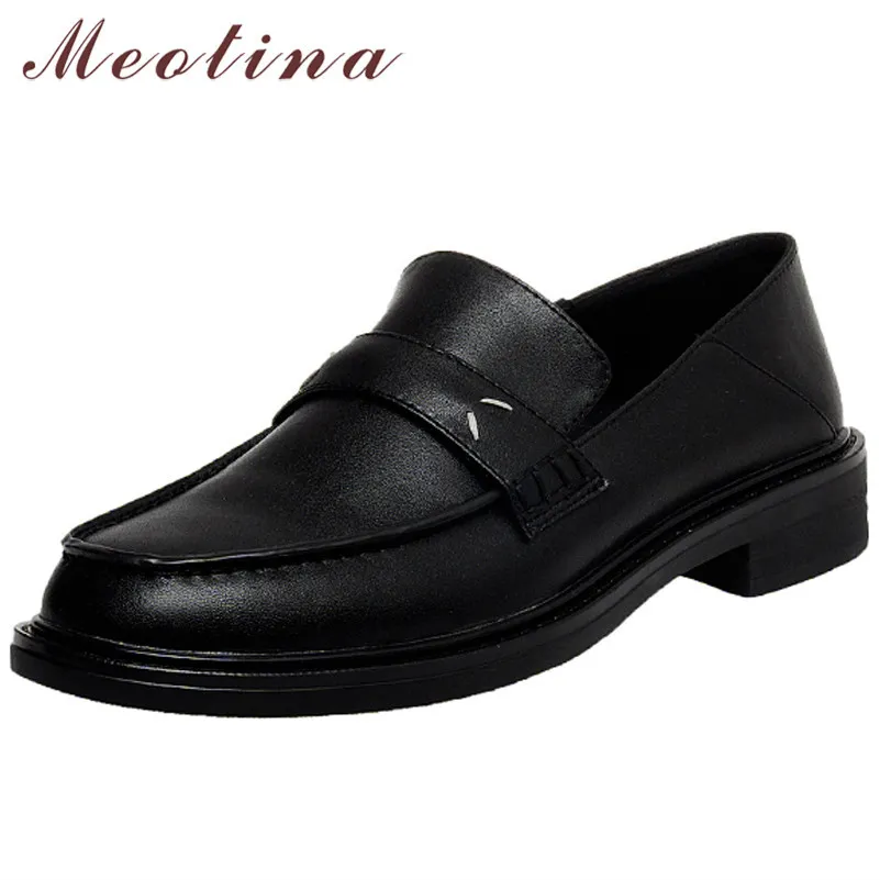 Медлиные каблуки натуральные кожаные мокасины обувь для женщин коренастые каблуки насосы круглые носки повседневные дамы обувь весна черный 210517