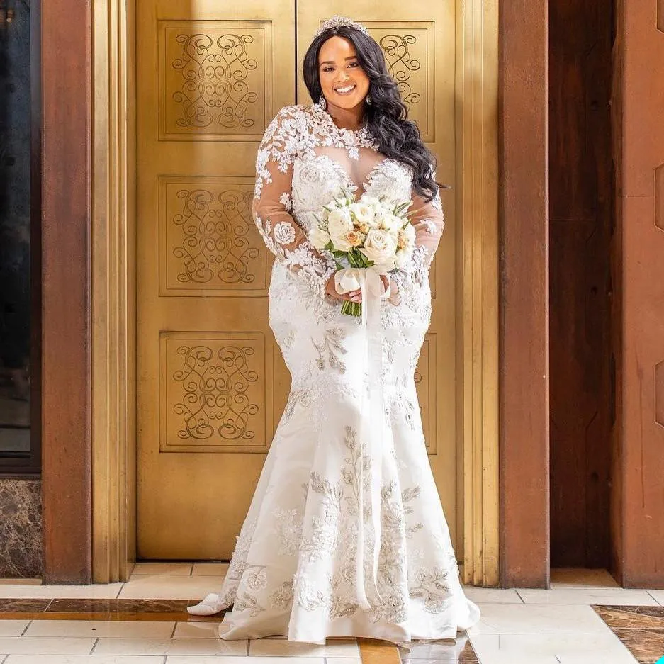 Jeweled Full Sleeve A Line Wedding Dress With Race Applique Floor