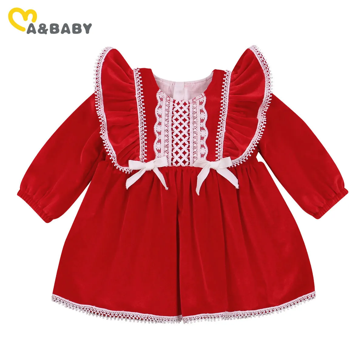 6m-4y Christmas Born Infant Baby Girls Tutu Dress Velvet Långärmad Ruffles Lace Bow Party Xmas Red Dresses 210515