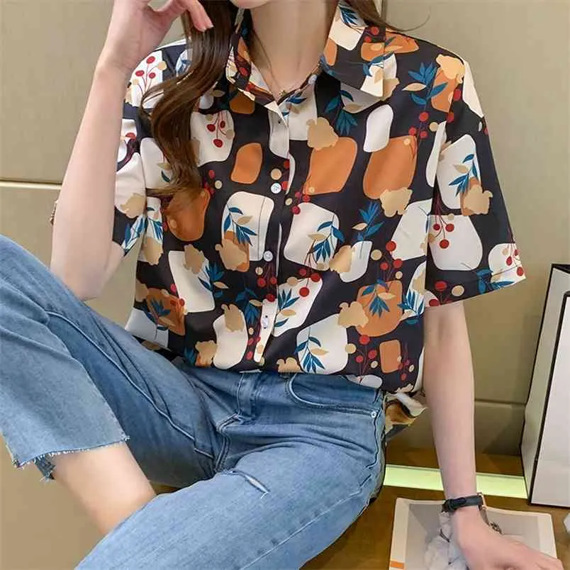 Mode vrouwen korte mouw Koreaanse stijl blouse vrouwelijke drukontwerp casual dames shirts vrouwen kleding 210507