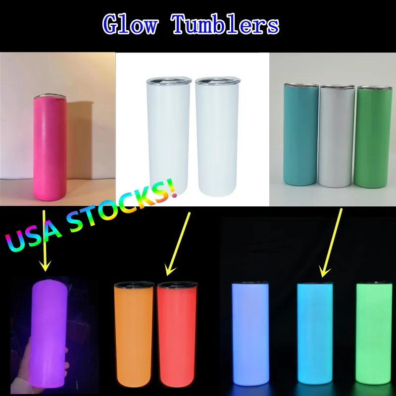 Zapasy USA! Glow In The Dark Bumbler 20oz Sublimacja Proste Tumblery Stal Nierdzewna Próżnia Izolowane Kubek Kawy Z Pokrywą Słomy DIY Blanks Skinny Water Butelka