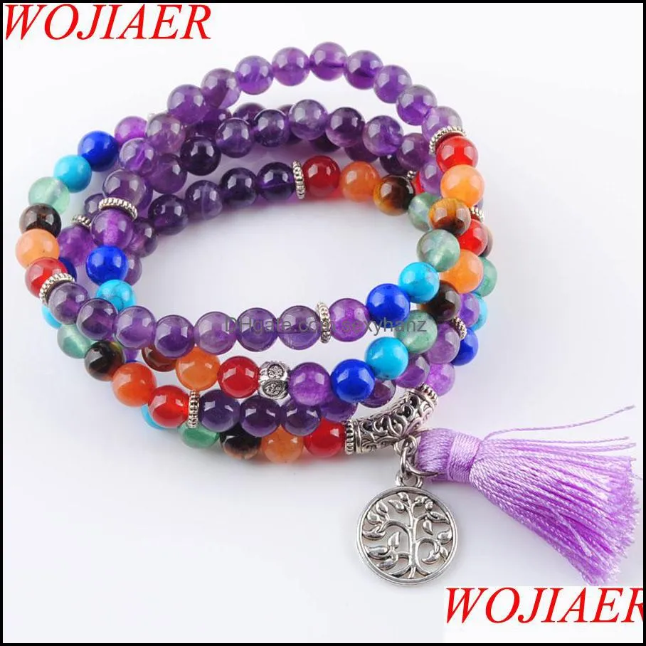 WOJIAER 108 Meditation Multi-layer Long Strands Bracelets 7 Chakra Yoga Natural Round Amethyst Mala Beads Life Tree Tassel Jewelry