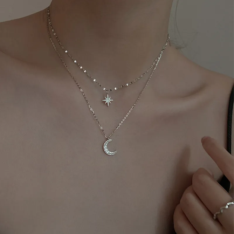 Sterling Sier Double Layer Simple Stars Choker Shiny Zircon Moon Pendants Necklaces Girl Fine Accessories NK092