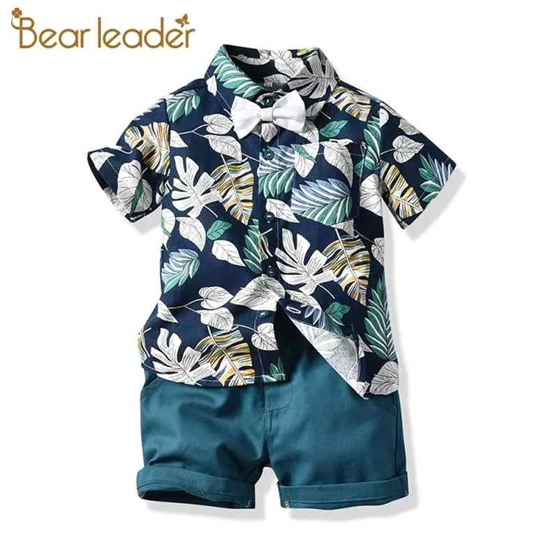 夏の幼児の赤ちゃんの子供男の子2本アウトフィットセットリーフプリント短いTシャツ固体ズボンスーツの紳士服210429