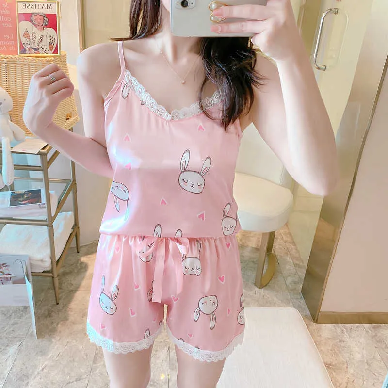 Silk Summer Pajama Set For Women Sleeveless V Neck Cute Sleepwear