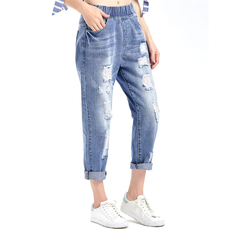 女性のハイウエストプラスサイズの緩い柔らかい柔らかいジーンズのためのジーンズは柔らかい柔らかい柔らかい青い足首長さのデニムハーレムパンツ6xl 7xl 8xl