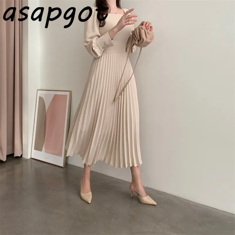 ASAppgot платье женщин осень леди тонкий высокий талию квадратный воротник плиссированные платье среднего теленка слоета с длинным рукавом элегантные нежные Vestidos 210320
