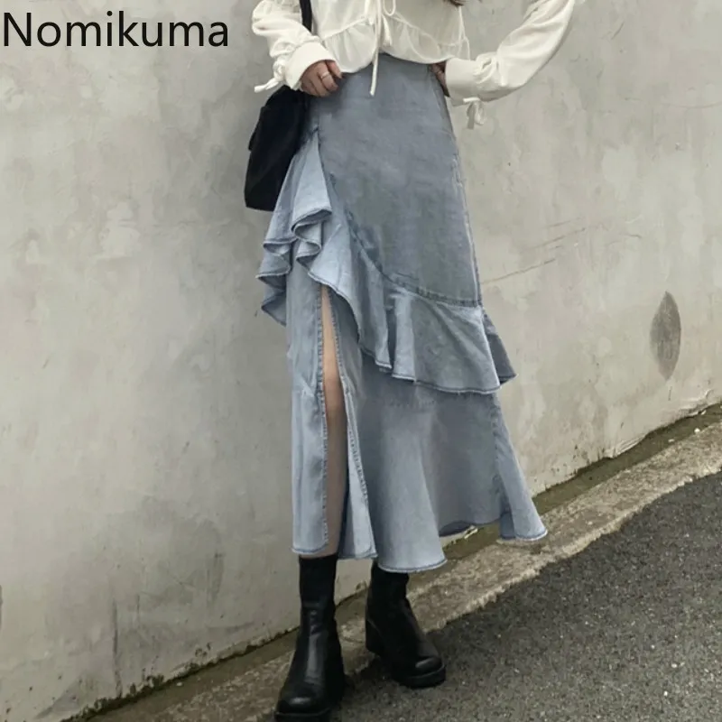 Nomikuma Ruffle Gonna a metà polpaccio Tinta unita femminile Split Vita alta Slim Gonne di jeans Donna Streetwear Jupe Longue Femme 3d443 210514