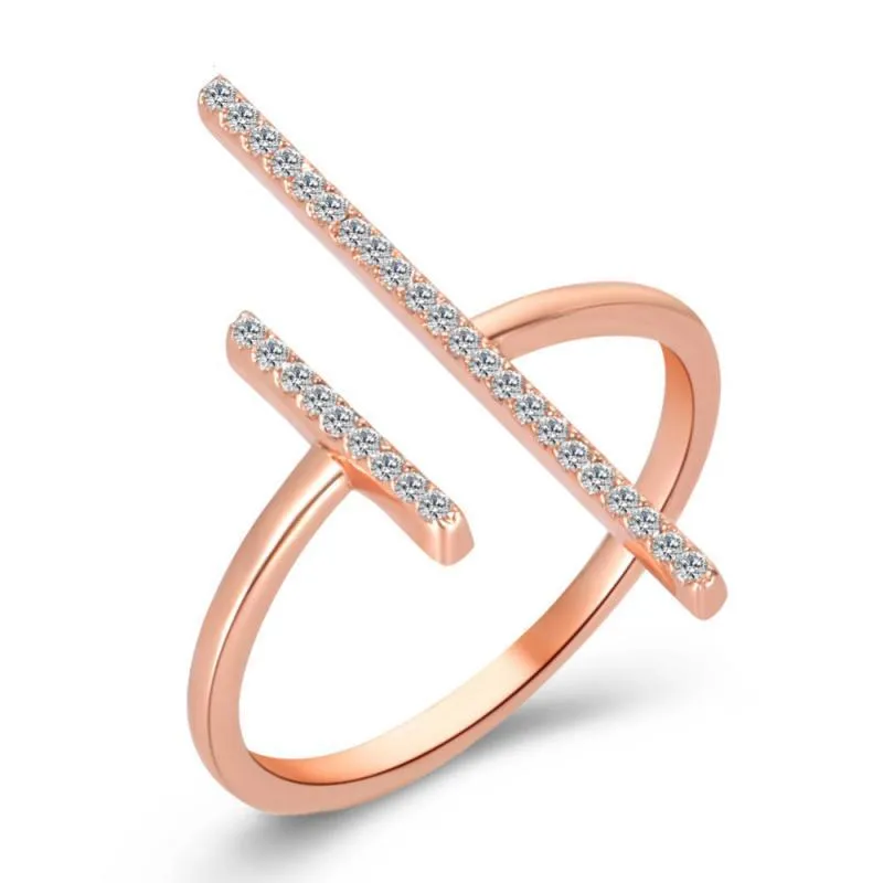 クラスターリングブランドの調節可能なジュエリーファッションシルバーローズゴールドカラークリスタルジルコンの結婚式の指輪