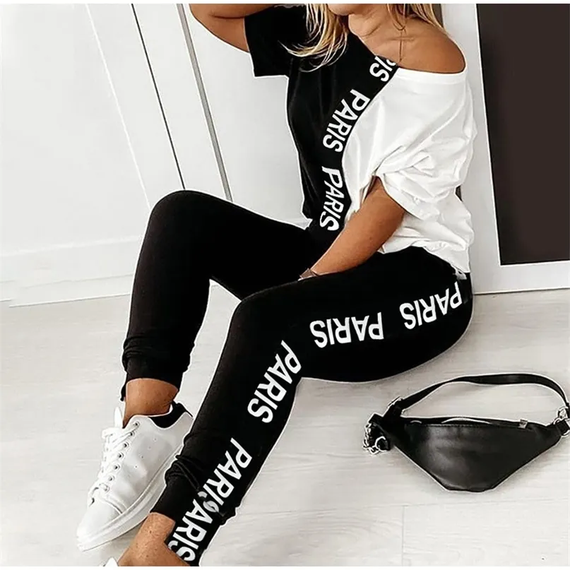 Off Shoulder Tracksuit Women Two Piece Set Summer Clothes Letter Print Colorblock Tshirt Top and Pants Passar Women's Set Outfits 220509