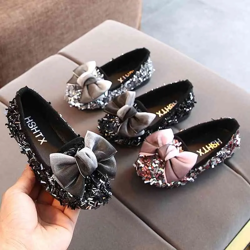 Spring & Autumn Children Kids Shoes Girls Princess Sequin Crystal Bow Shoes Stage Shiny Dance Shoes For Girls 210713
