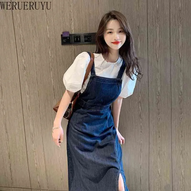 WERUERUYU Stylish Simple Denim Suspender Skirt Women's Fashion Spring And Autumn 210608