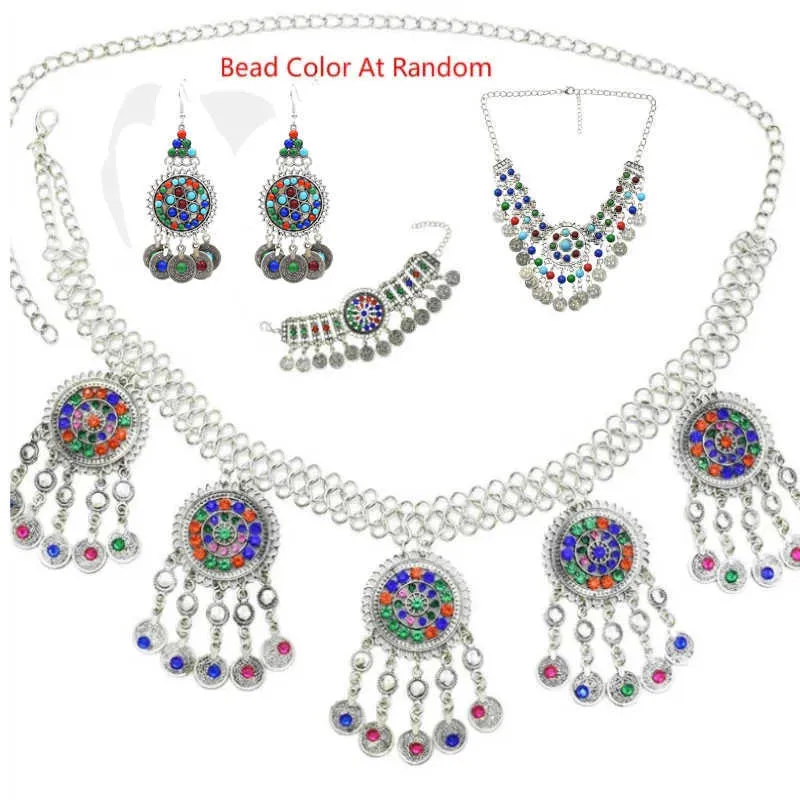 Étnico Boho resina cuenta moneda cristal afgano pendientes cintura danza del vientre cadena pulsera collar turco India Tribal playa joyería H1022