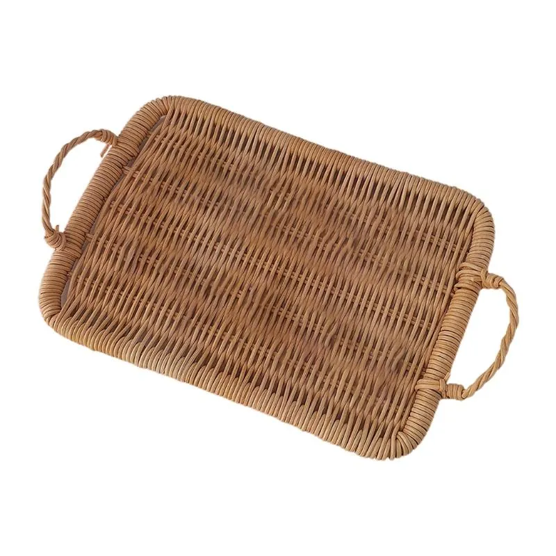 Farmhouse Woven Rattan Fruit Basket Bread Serving Tray With Handles