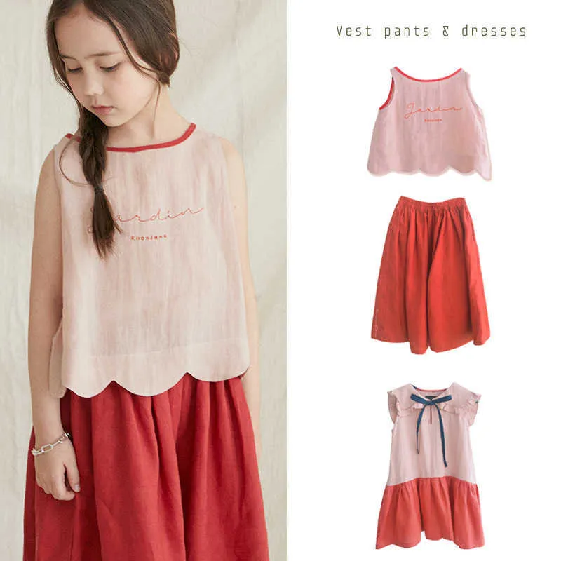 2021 Summer Kids Dresses for Girls Pink Dress Little Girls Costume Kids Clothes Linen Embroidered Tops Wide Leg Trousers Q0716