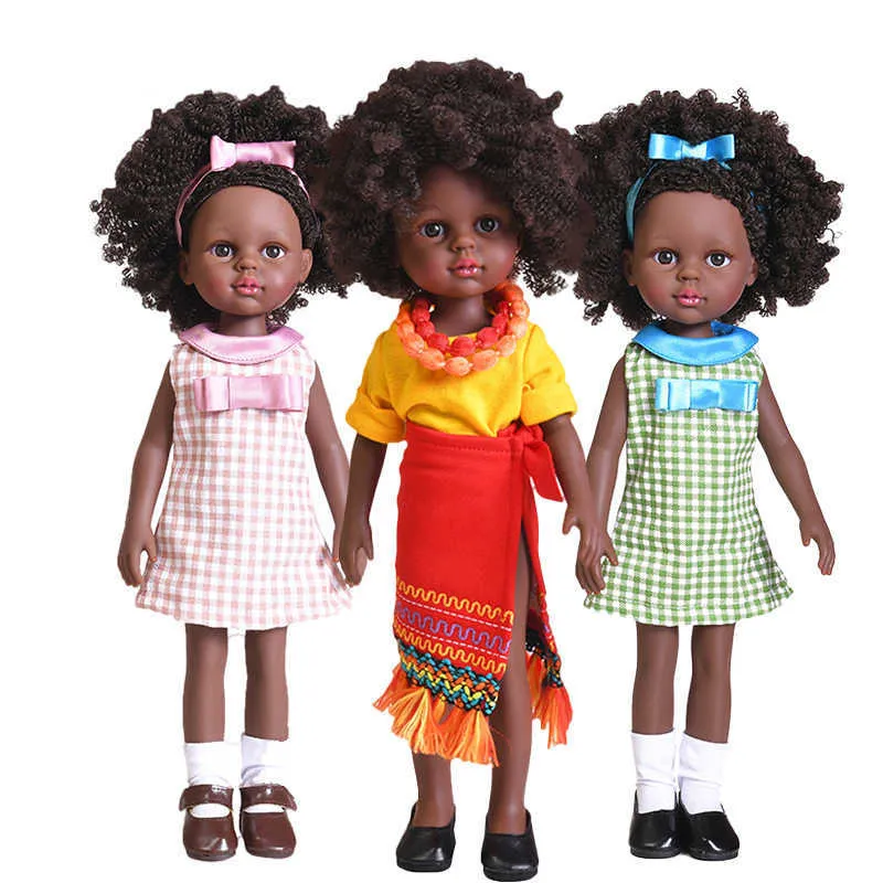 35cm preto afro-americano renascido boneca completa silicone vinil bebê boneca boneca africano menina brinquedo brinquedo brinquedo presentes vestir brinquedos q0910
