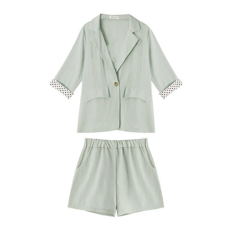 PERHAPS U Women Small Blazer Shorts Set Lihgt Green Pink Single Button Solid Notch Collar Thin Casual Two Pieces Set T0129 210529