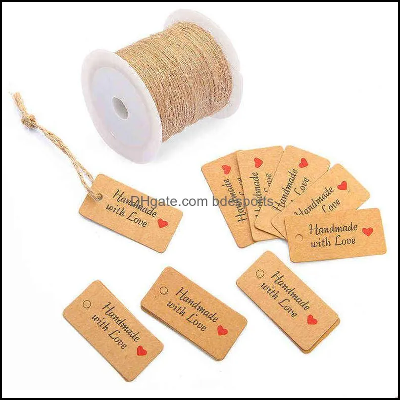 100pc 4x2cm Kraft Paper Tags with Strings Handmade with Love Hang Tags Garment Tags for Candy/Gift Display Packing Label Card Y1230