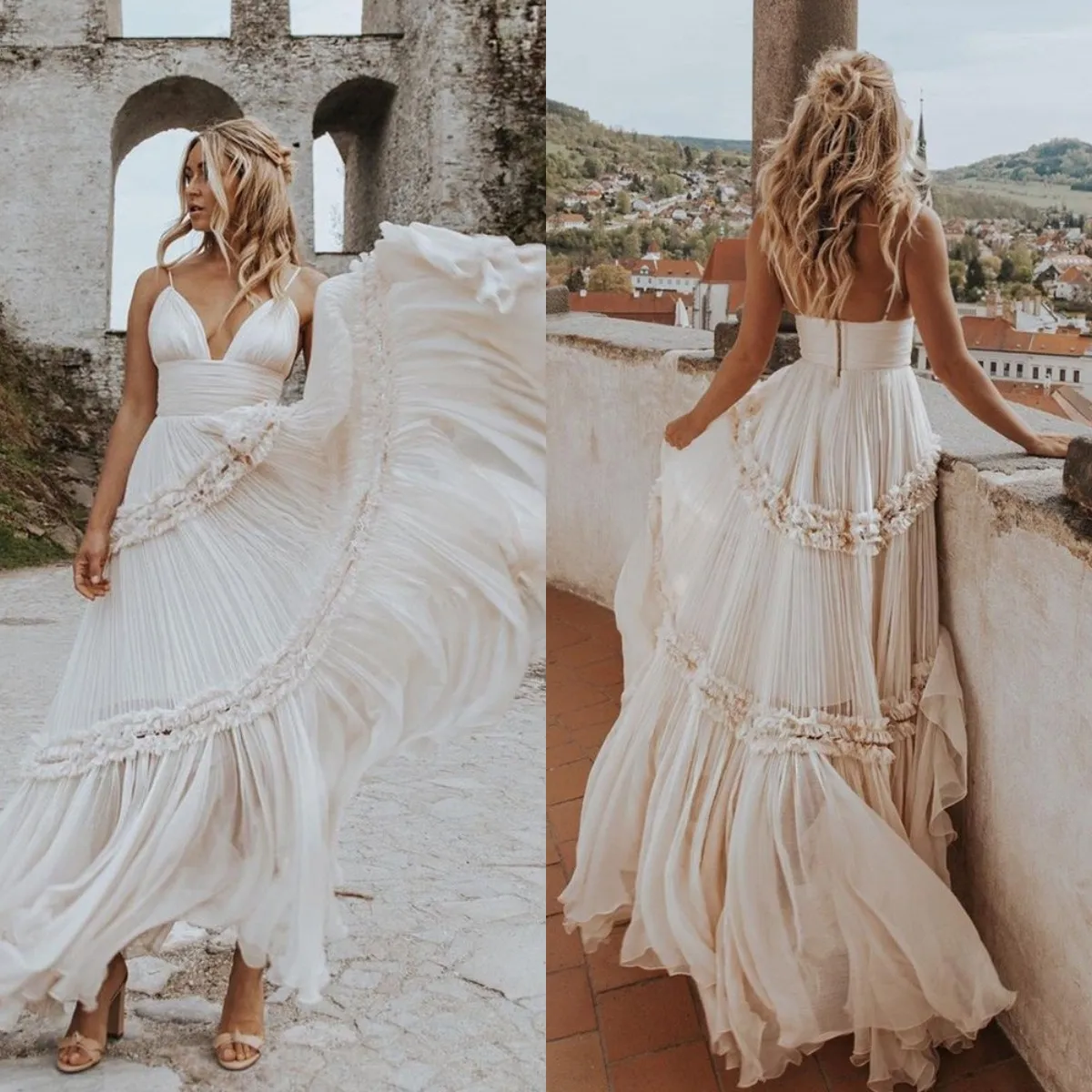 Bohemian Spaghetti Bröllopsklänningar Boho Maxi A Line V Neck Bridal Gowns Tiered Kjolar Gypsy Vestido de Noivas