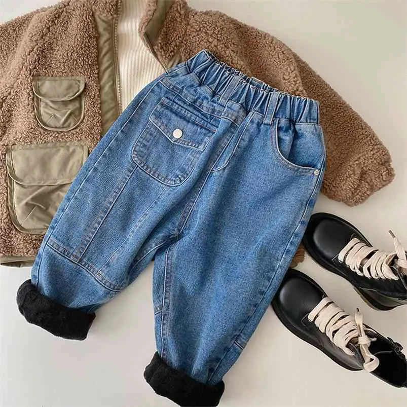 Boys Jeans Children'S Velvet Thick Winter Clothing Personalized Front Pocket Warm Baby Casual Pants Kids Clothes For Girls 210625