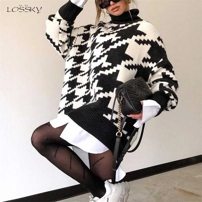 Long Sweater Dress Autumn Winter Fashion Houndstooth Black Turtleneck Sleeve Knit Pullover Tops Clothes For Women Fall 211011