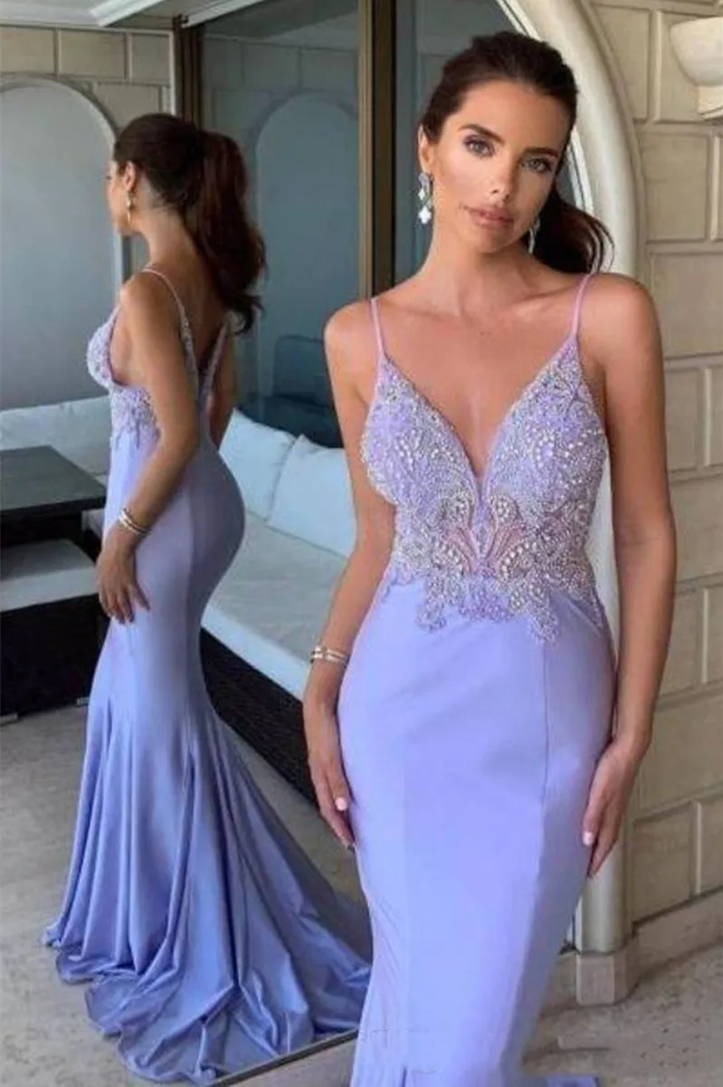 Sexy Lavendel-Meerjungfrau-Abschlussballkleider für Damen, Träger, Spaghettiträger, mit Perlen besetzt, Arabisch, langes formelles Abend-Partykleid, Festzug-Kleid für besondere Anlässe