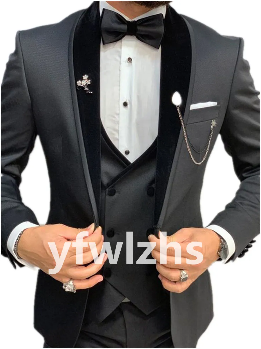 Personalizar un botón hermoso chal solapa novio esmoquin hombres trajes boda/graduación/cena hombre Blazer (chaqueta + Pantalones + corbata + chaleco) W868