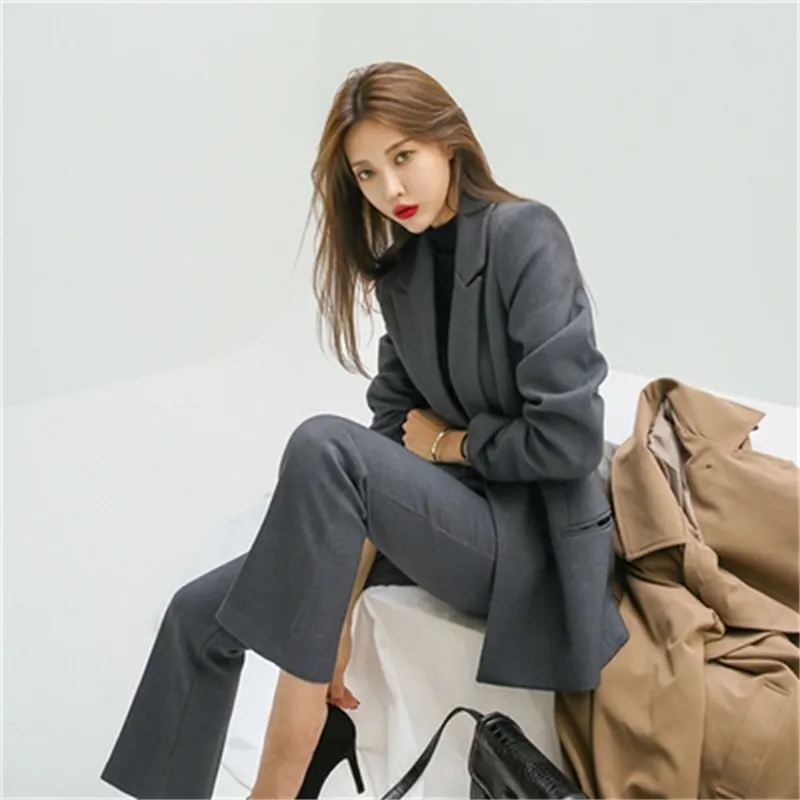 Womens Double-Breasted Blazer Suit Set with Ankle-Length Pants