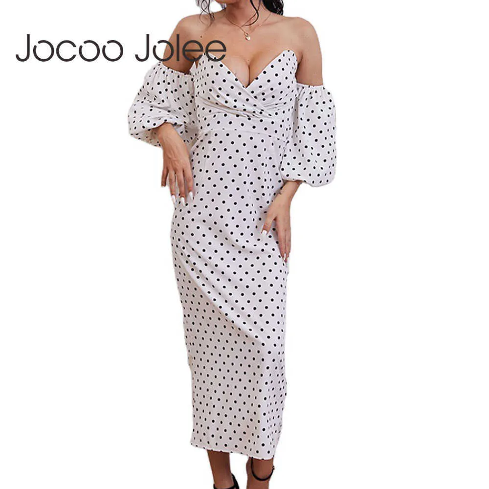 Women Elegant Lantern Sleeve Off Shoulder Long Dress Casual Polka Dot Slim A Line Dress Sexy V Neck Party Evening Dress 210619