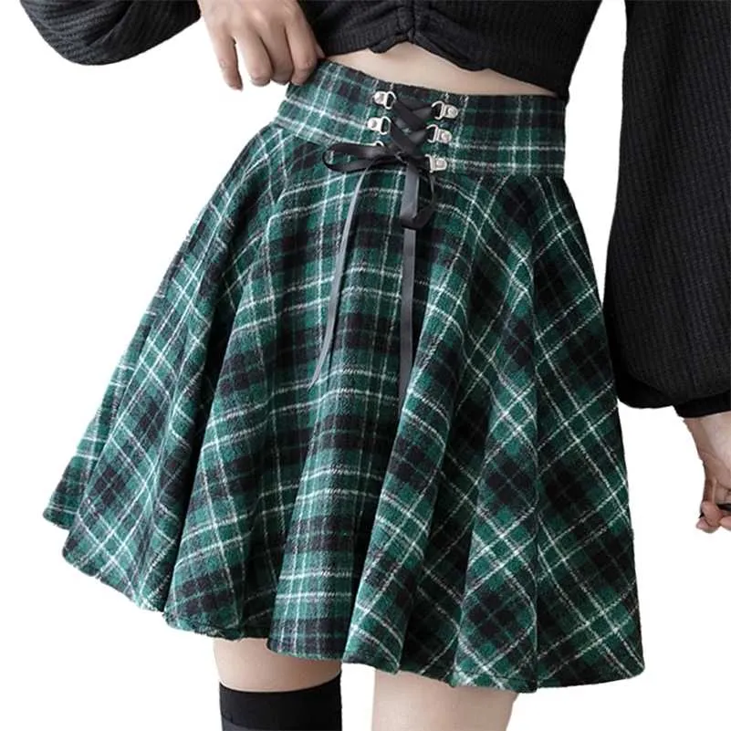 Gothic Punk Harajuku Kobiety Spódnica Plaid Print Lace Up Hip Hop Winter Casual Green Grey Red Goth Plised Woolen Skater Streetwear 211120