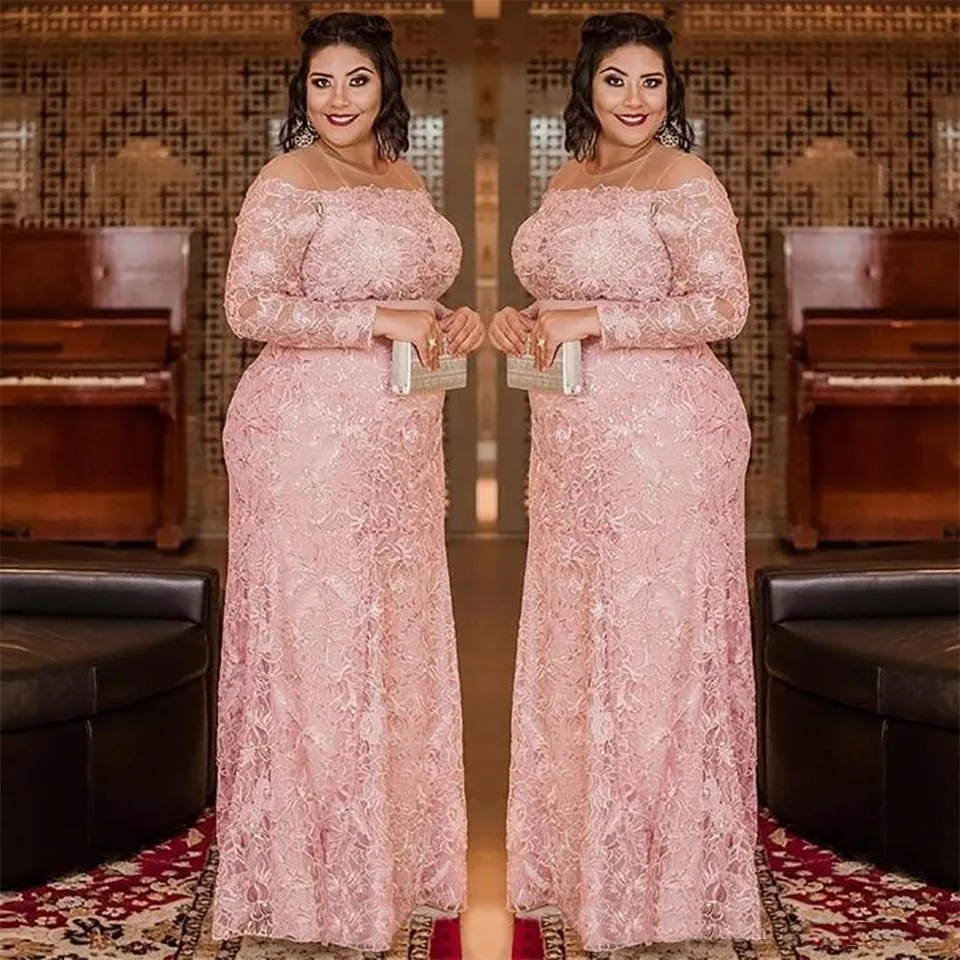 Plus Size Lace Prom Dresses Sheer Jewel Neck Long Sleeves Evening Gown  Sequined Column Floor Length Formal Dress