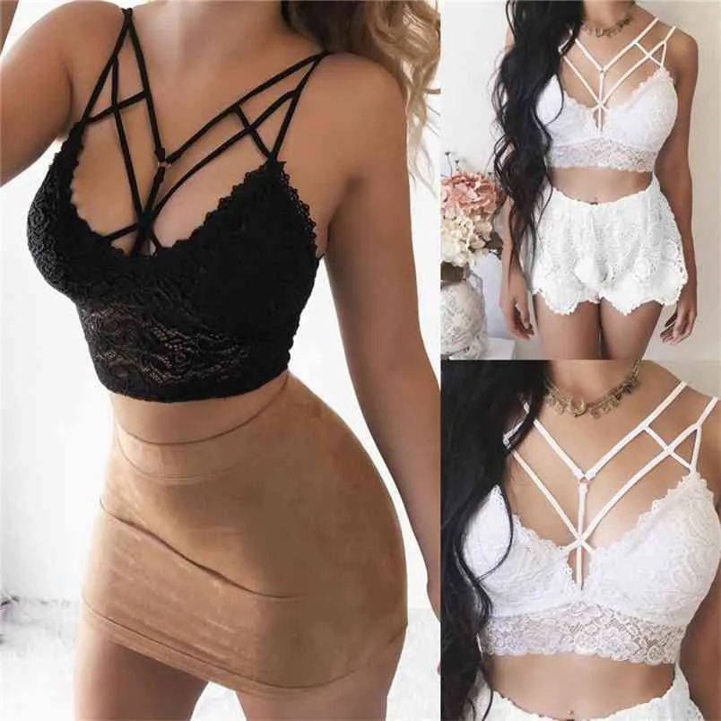 Femmes Camisole Sexy Deep Col V-Col Tanks Dentelle Courte Crop Tops Gilet Sous-Vêtements Bandage Bandage Dames House Out Vêtements 210522