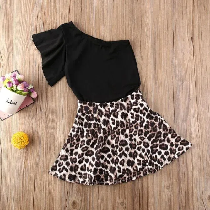 Toddler Baby Girl Clothing Sets Solid Color Short Sleeve Tops Leopard Print Ruffle Skirt 2Pcs Outfits Cotton