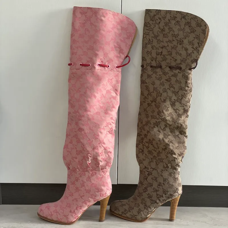 Women Over the Knee Boots Canvas Fabric Geometric Print Chunky Heel Zip Closure Fashion Boots for Party Wedding Spring and Fall 2024