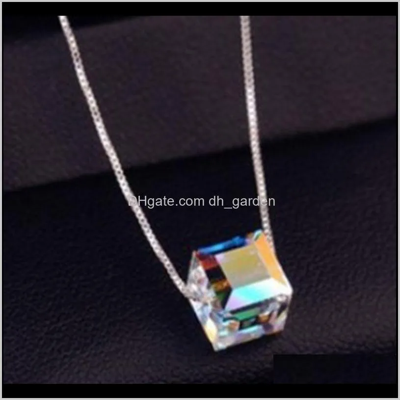 Colorful Cube Square Crystal Pendant Necklace Silver Color Jewelry Box Cube Rhinestones Choker Statement Necklace Cute Necklace