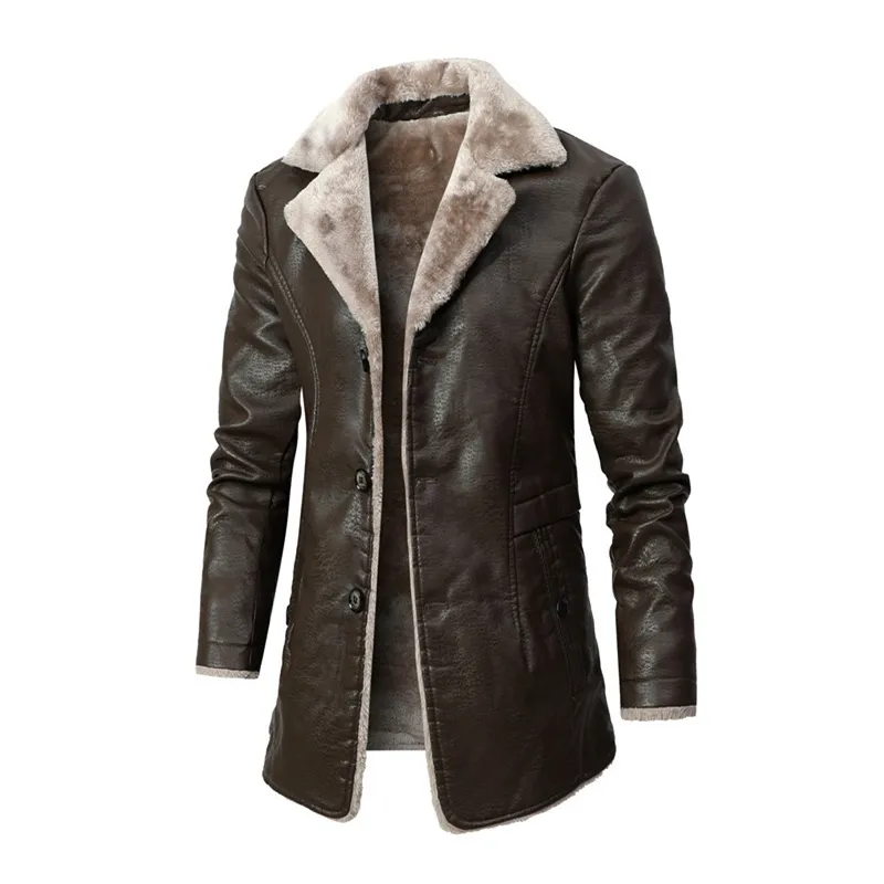Plus Velvet Leather Jacket Men Solid Color Single Breasted Business Long Winter Jacket Men Fashion Warm Mens Jacket