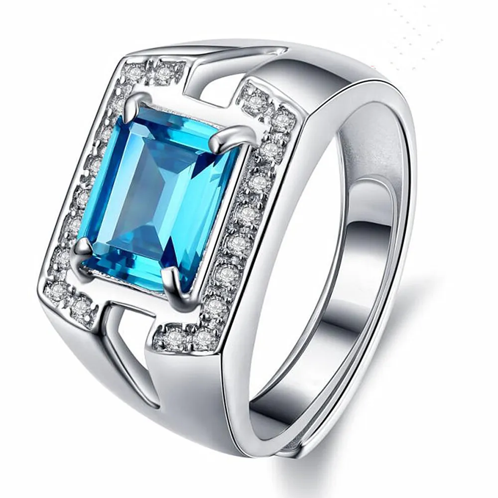 Blue Crystal Aquamarine Topaz ädelstenar Diamanter Ringar för män Vit Guld Silver Färg Smycken Bague Fashion Present Tillbehör